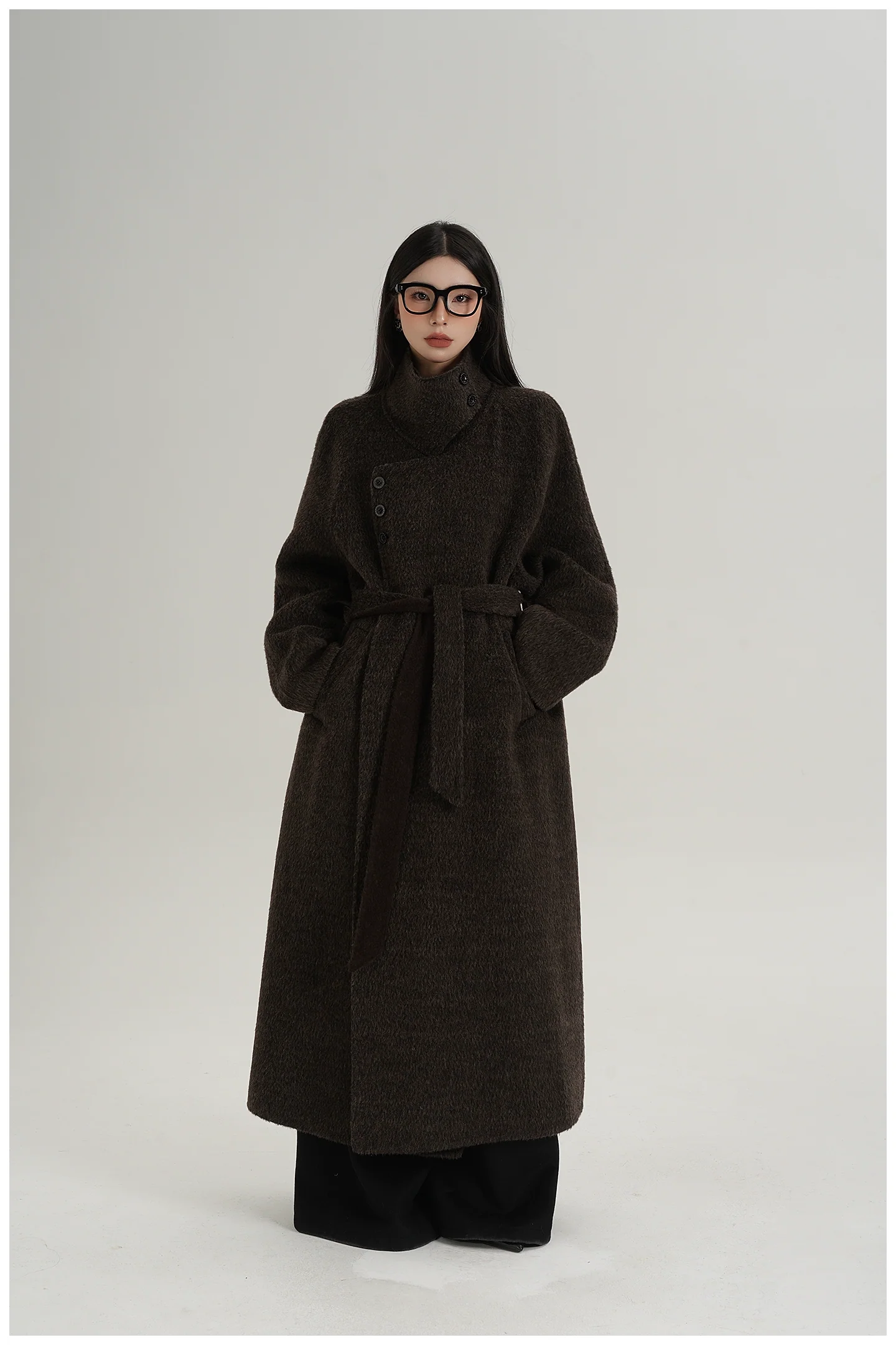 High-Neck Belted Long Wool Coat - Image 14