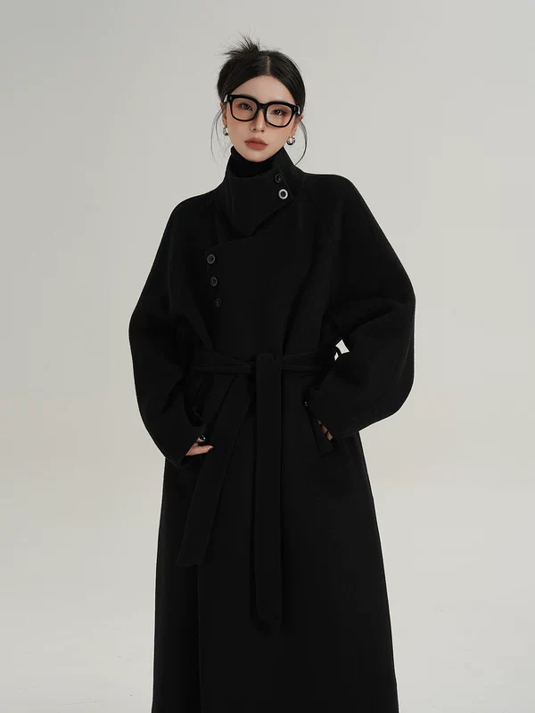 High-Neck Belted Long Wool Coat - Image 2