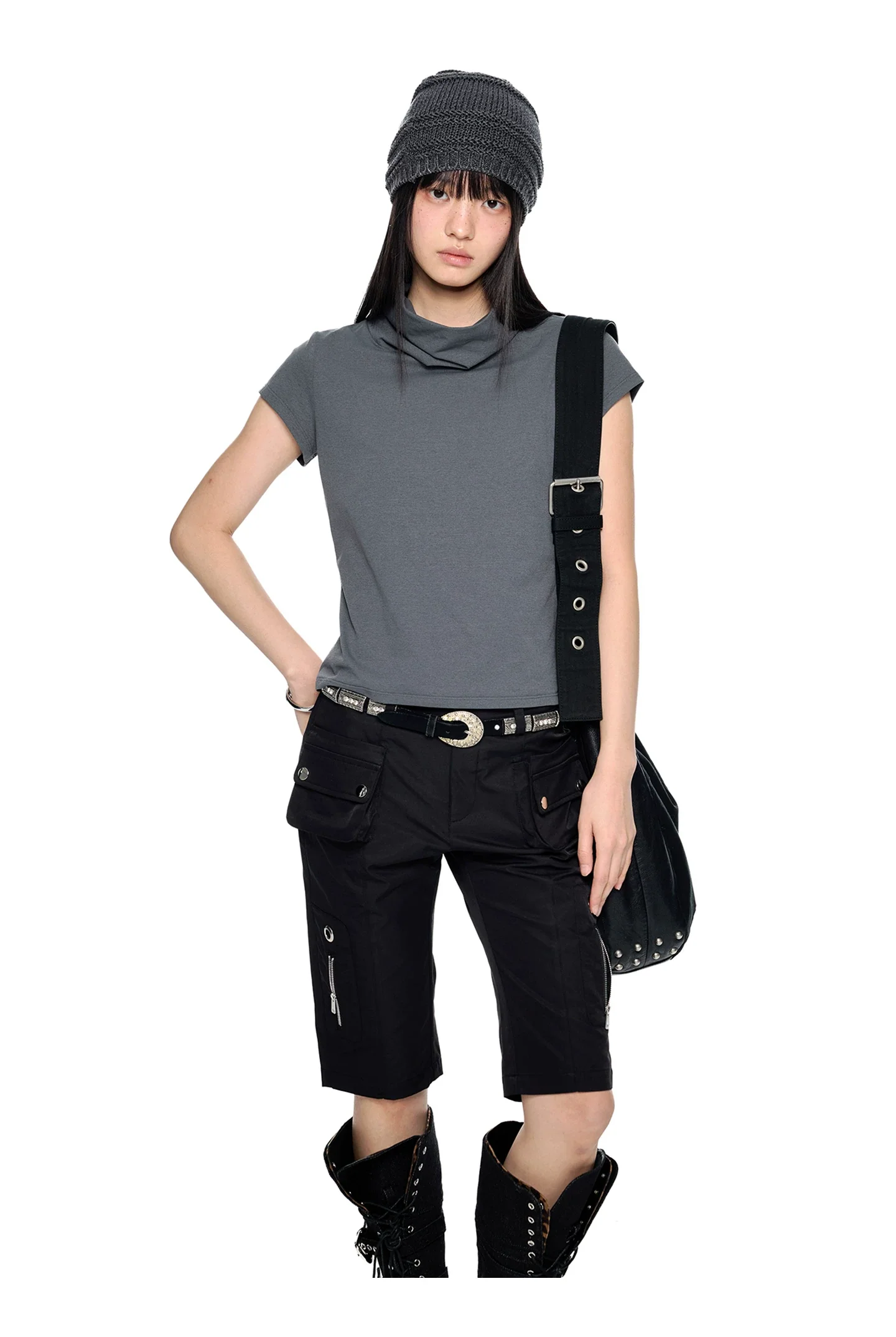 High Neck Short Sleeve Slim Turtleneck Top - Image 5