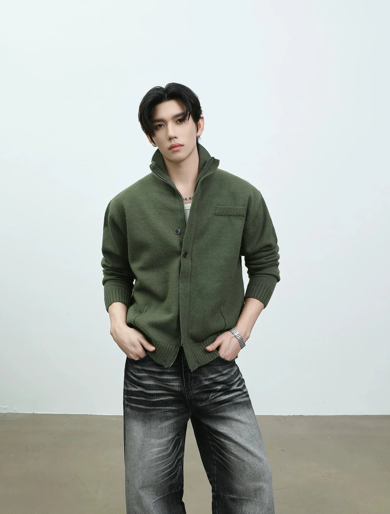High-Neck Zip Knit Cardigan Sweater - Image 4