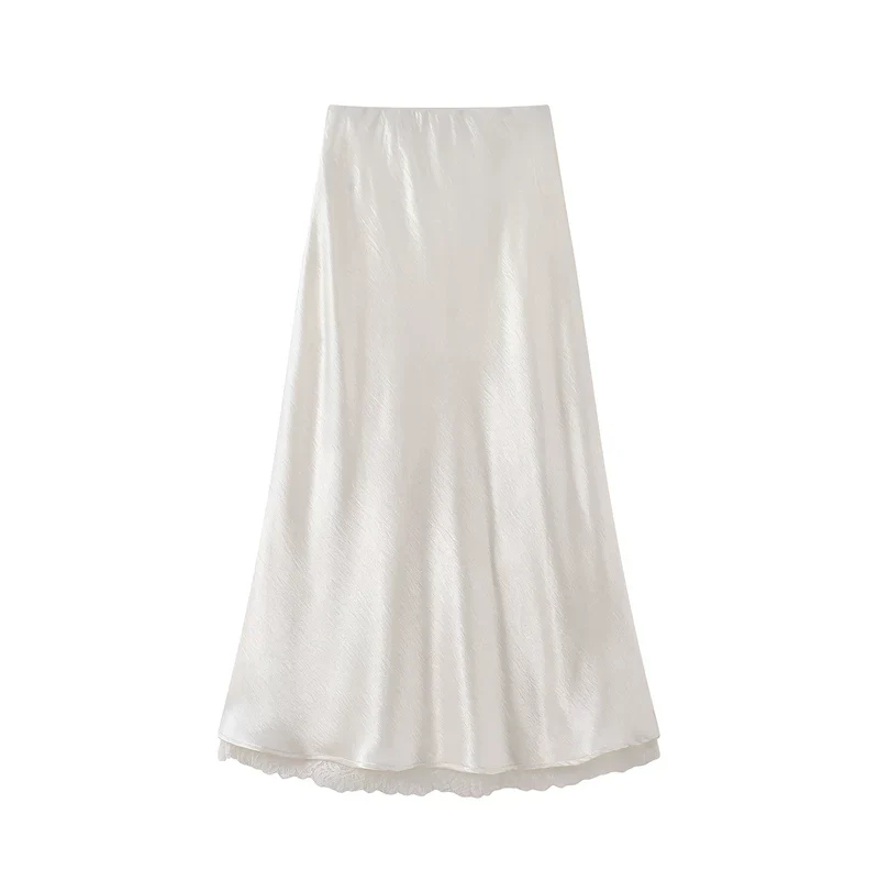 Lace Trim Satin Midi Skirt - Image 2