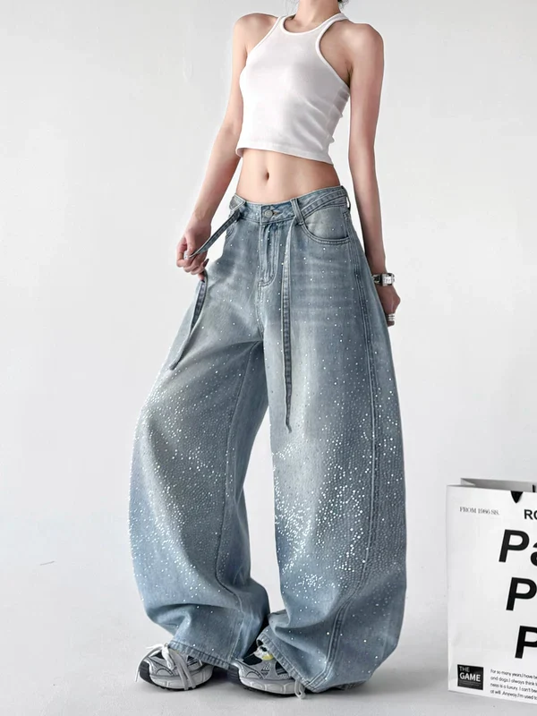 High Waisted Wide Leg Rhinestone Jeans - Image 3