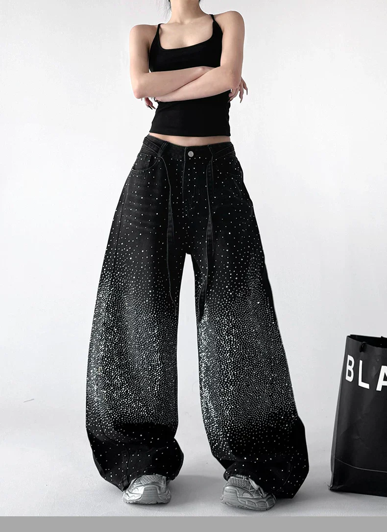High Waisted Wide Leg Rhinestone Jeans - Image 8