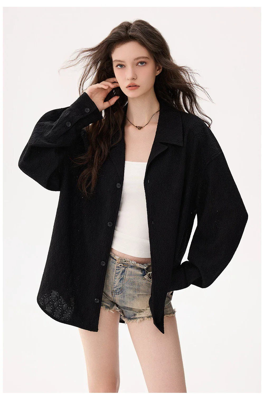 Hollow Long Sleeve Collared Shirt - Image 2