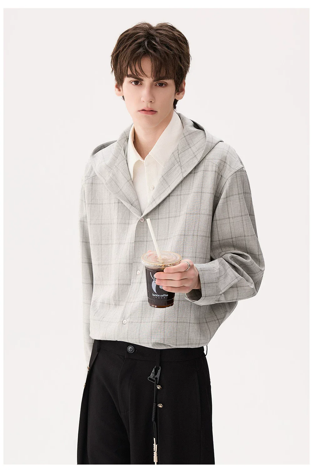 Hooded Plaid Faux Layered Shirt - Image 2