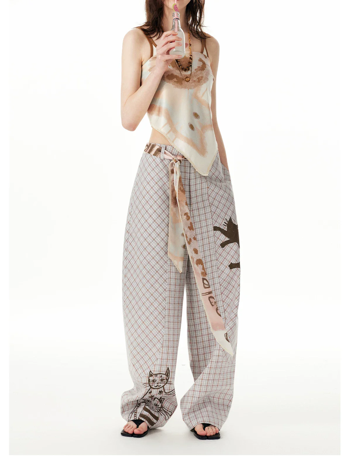 Hugging Cat Plaid Wide Leg Pants