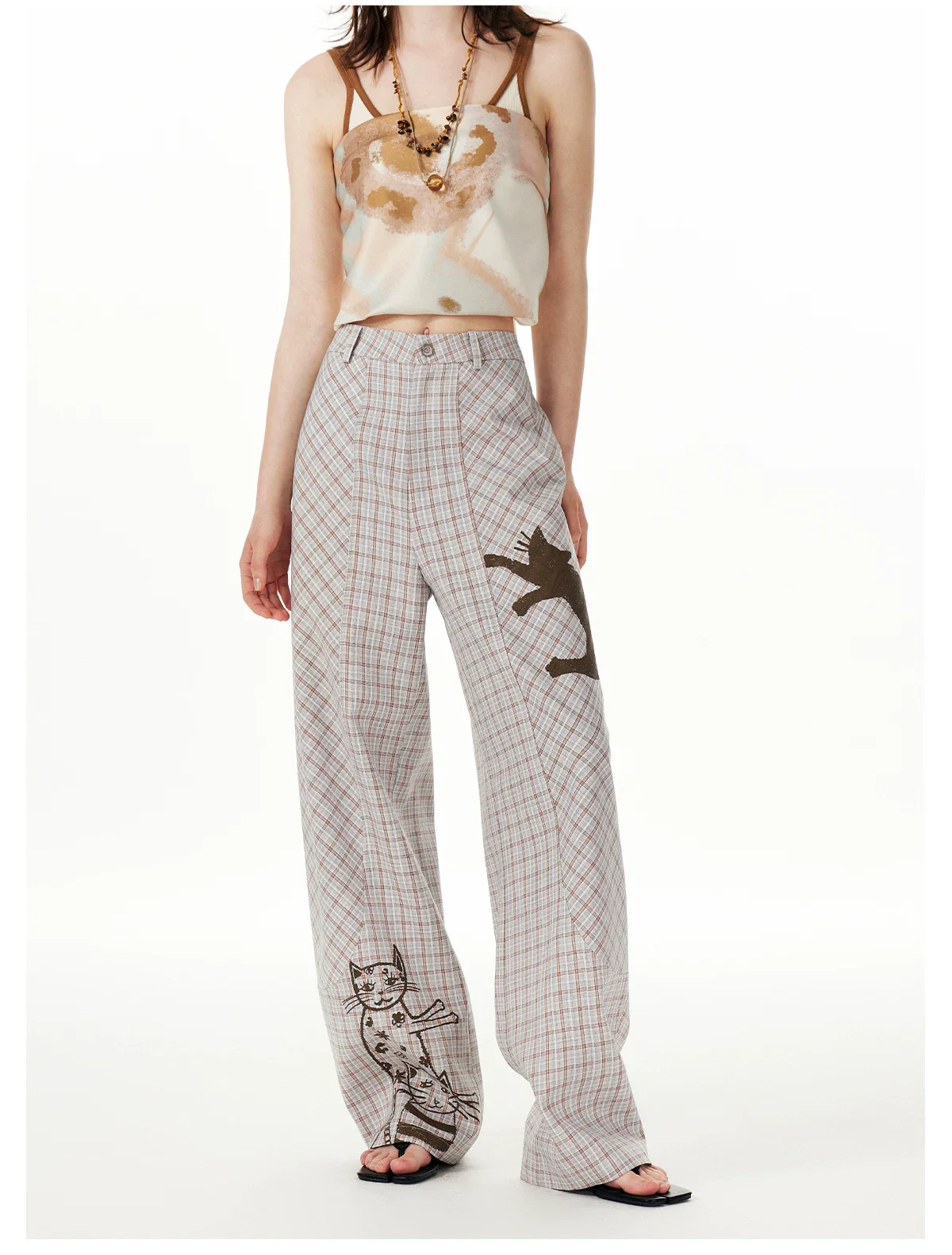 Hugging Cat Plaid Wide Leg Pants - Image 4