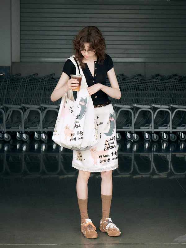 Impatient Cat Print Canvas Shoulder Bag - Image 7