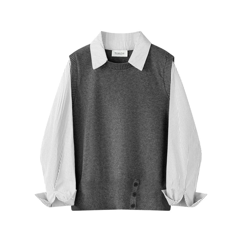 Knit Faux Layered Collared Pullover Shirt - Image 2