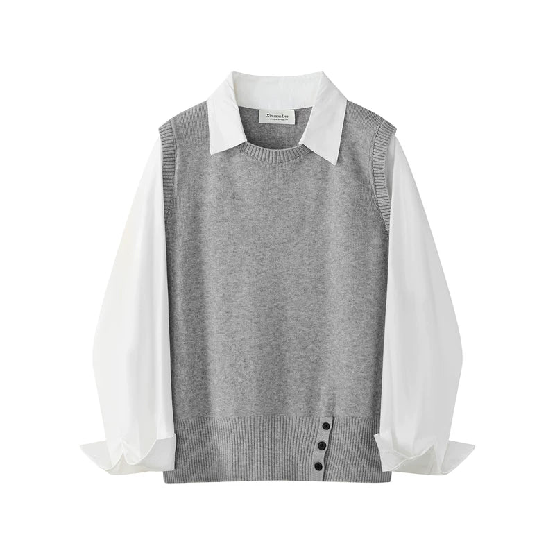 Knit Faux Layered Collared Pullover Shirt - Image 3