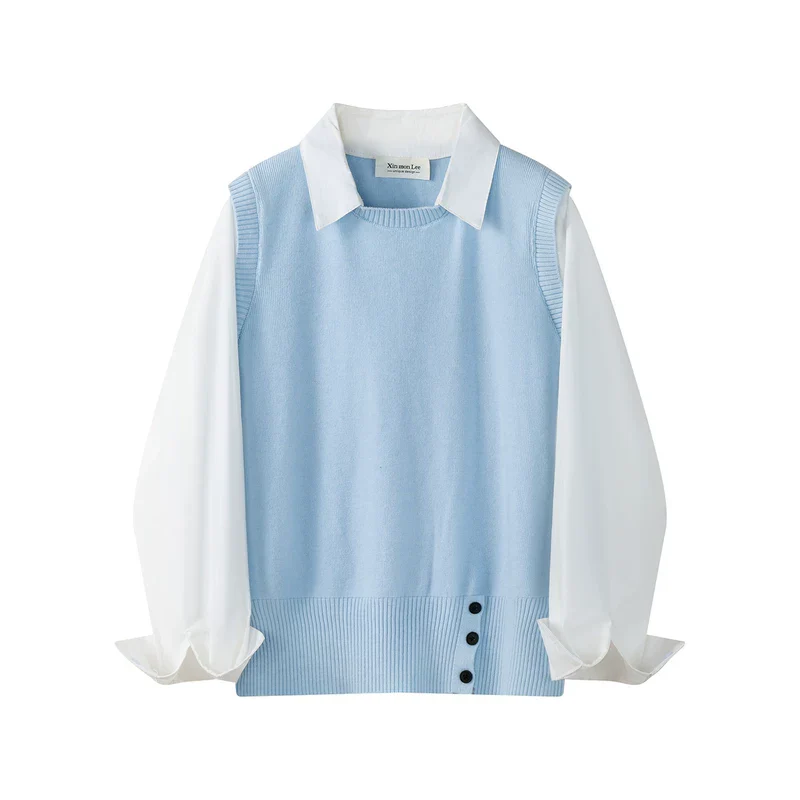 Knit Faux Layered Collared Pullover Shirt - Image 4