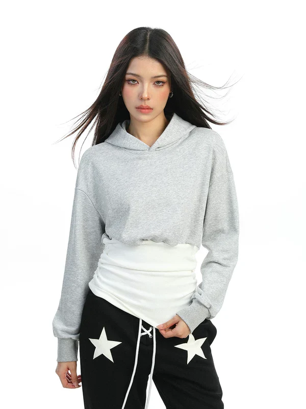 Korean Style Faux Layered Crop Hoodie - Image 2