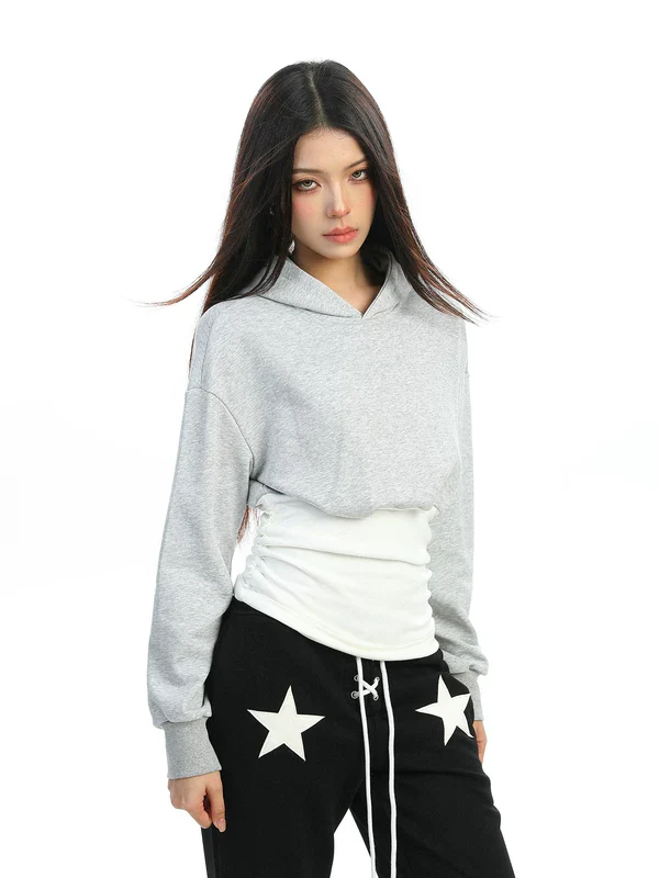 Korean Style Faux Layered Crop Hoodie - Image 4