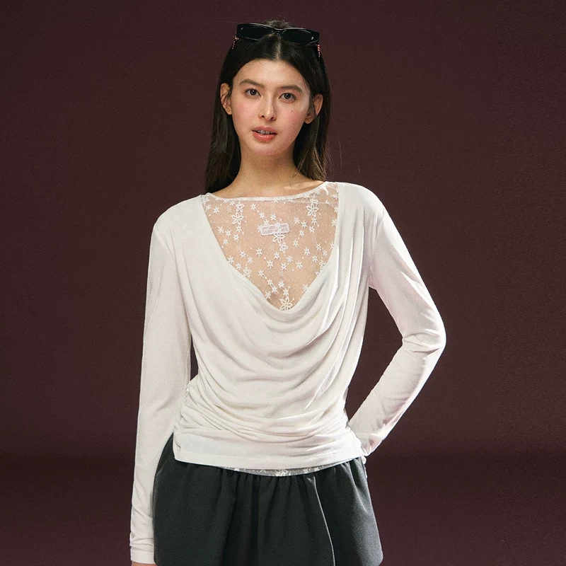 Lace Panel Draped Neck Long Sleeve Top