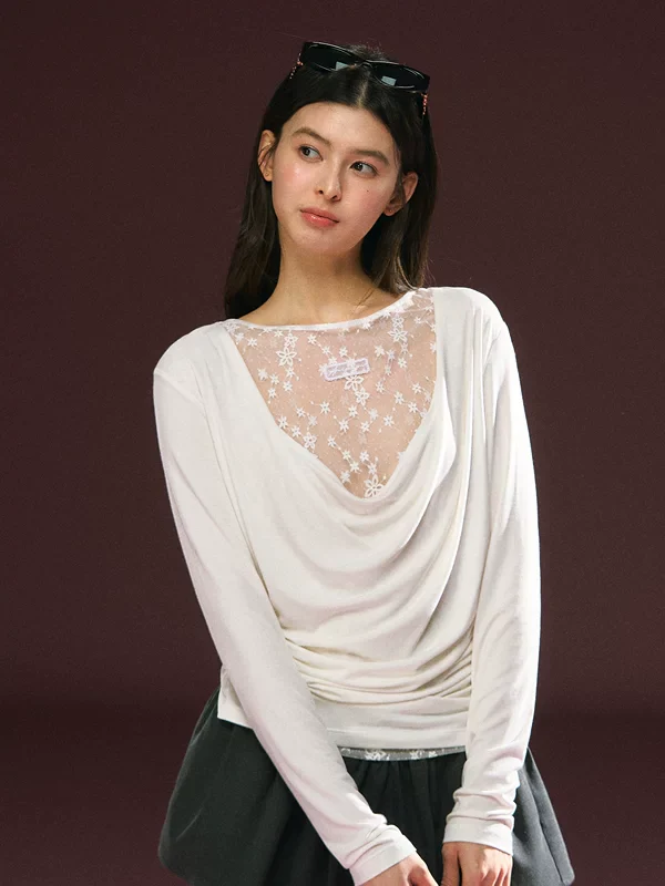 Lace Panel Draped Neck Long Sleeve Top - Image 2