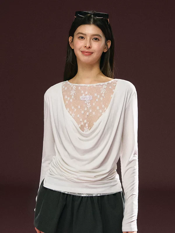 Lace Panel Draped Neck Long Sleeve Top - Image 3