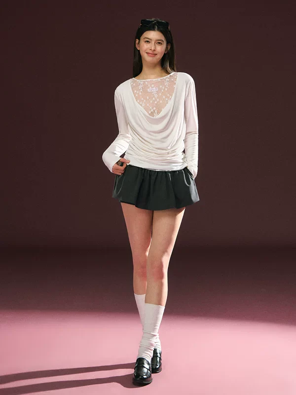 Lace Panel Draped Neck Long Sleeve Top - Image 4