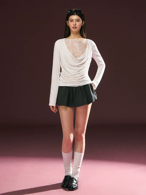 Lace Panel Draped Neck Long Sleeve Top - Image 5