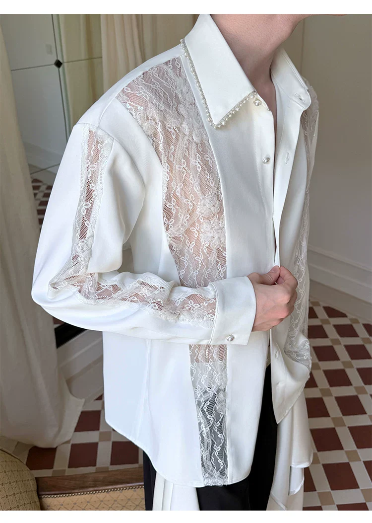 Beaded Collar Lace Panel Long Sleeve Shirt - Image 9