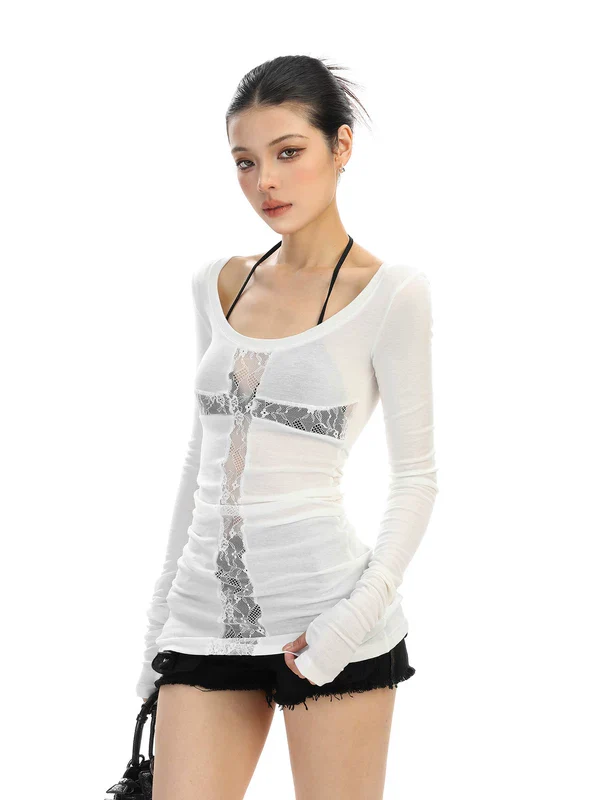Lace Panel Long-Sleeve Slim Fit Top - Image 2