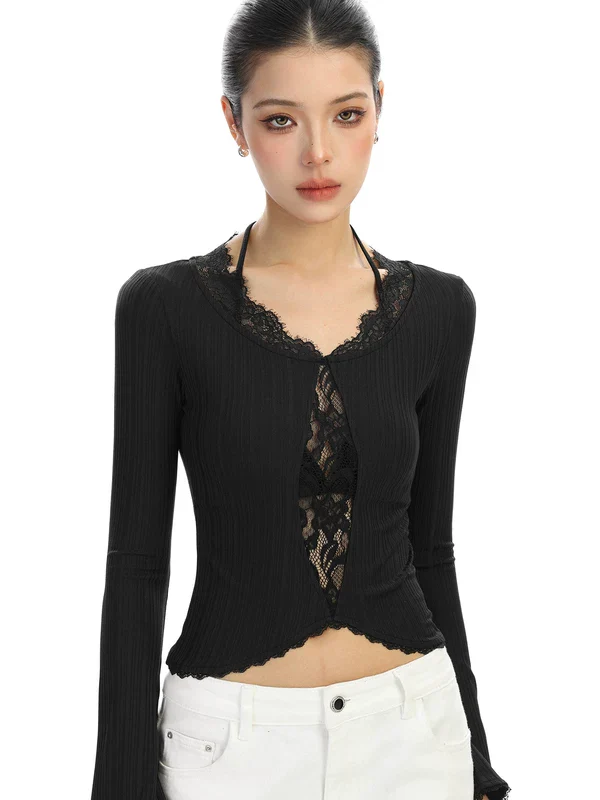 Lace Panel Ribbed Long Sleeve Knit Top - Image 4