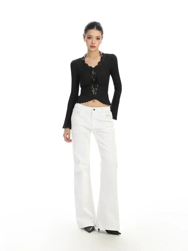 Lace Panel Ribbed Long Sleeve Knit Top - Image 5