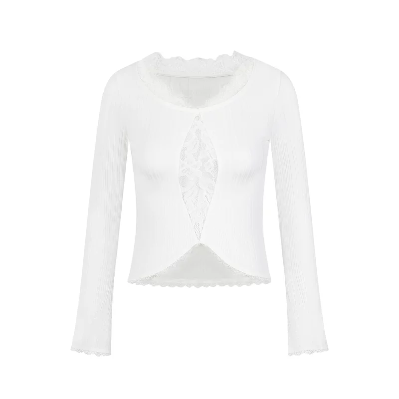 Lace Panel Ribbed Long Sleeve Knit Top - Image 7
