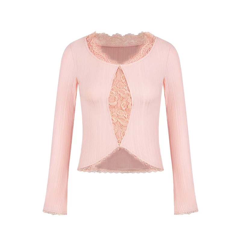 Lace Panel Ribbed Long Sleeve Knit Top - Image 8