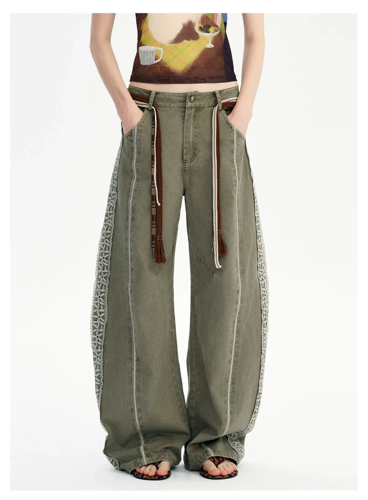 Lace Patchwork Wide-Leg Cotton Pants - Image 2