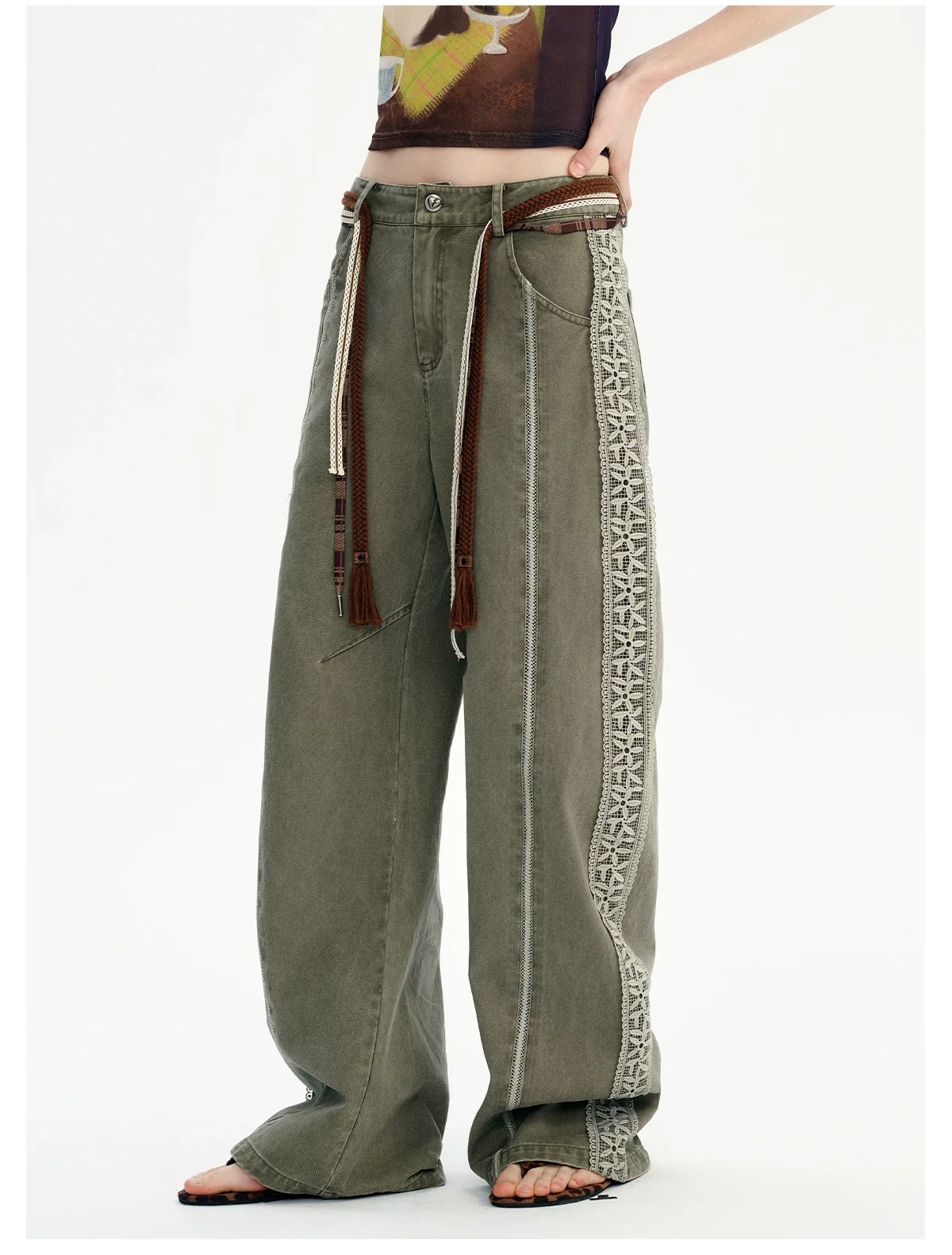 Lace Patchwork Wide-Leg Cotton Pants - Image 3