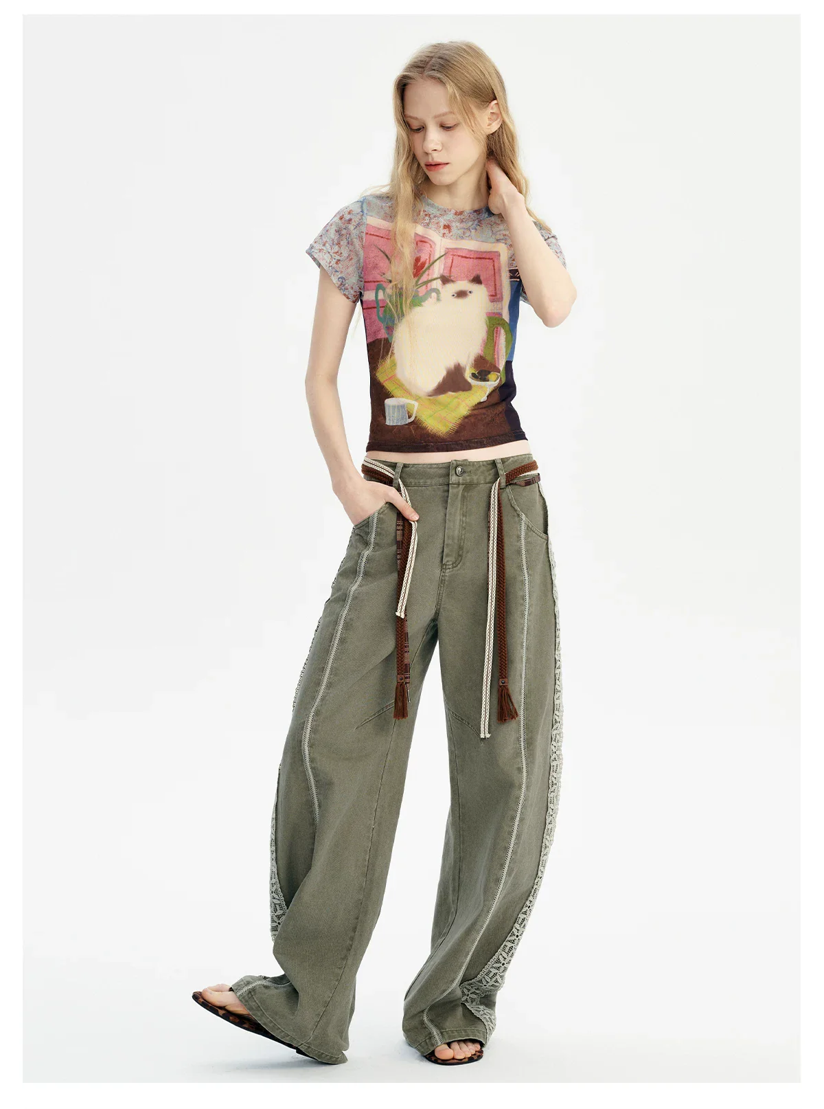 Lace Patchwork Wide-Leg Cotton Pants - Image 5