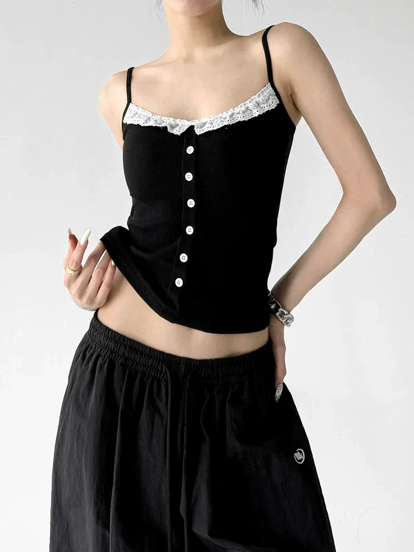 Lace Trim Button Front Camisole Top - Image 2