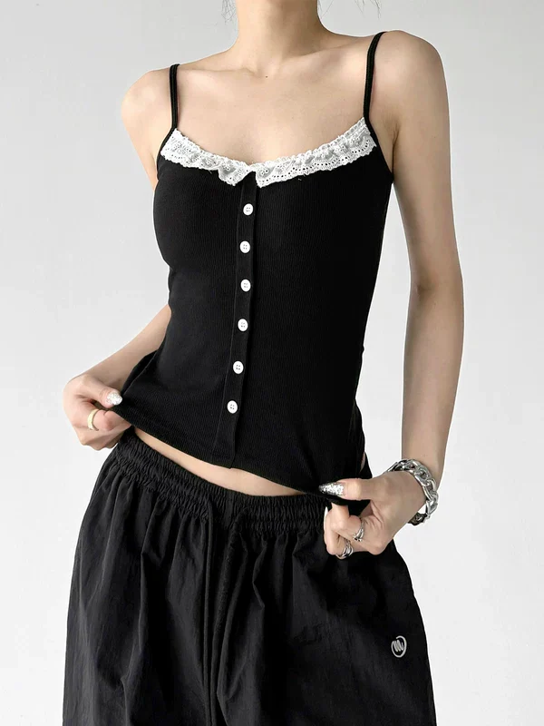Lace Trim Button Front Camisole Top - Image 3