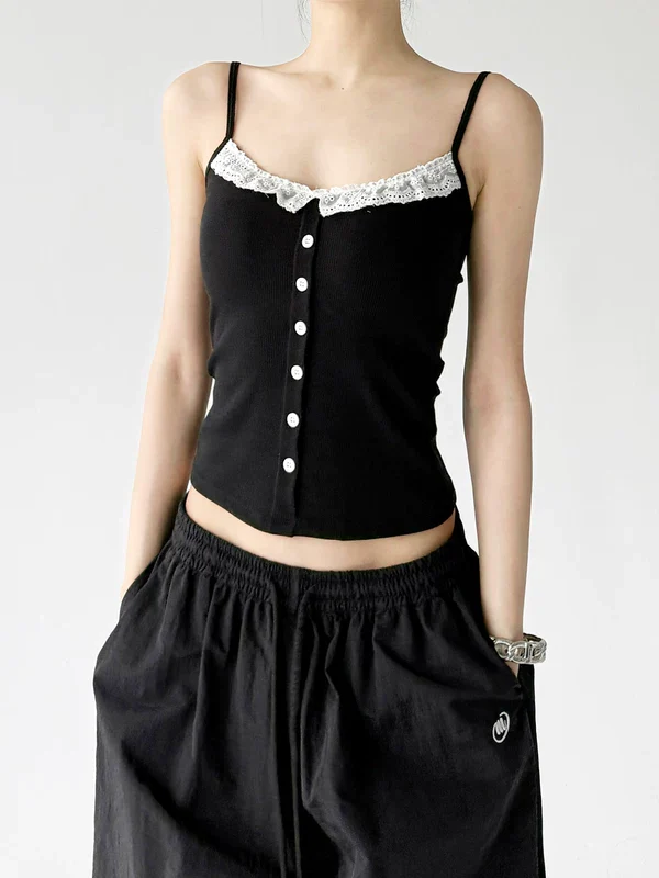 Lace Trim Button Front Camisole Top - Image 4