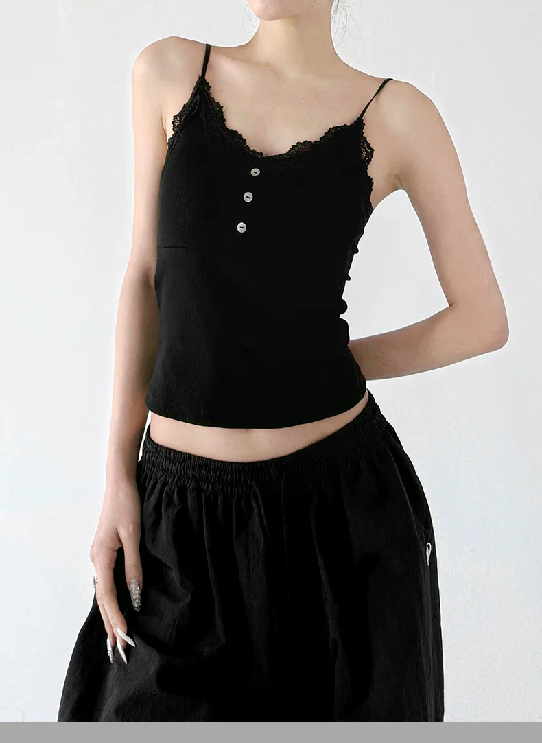 Lace Trim Ribbed Button Camisole Top - Image 12