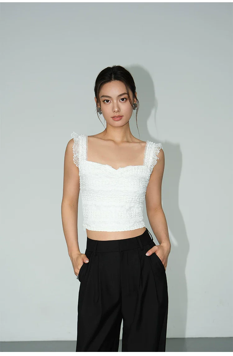 Lace Trim Smocked Cropped Camisole Top - Image 6