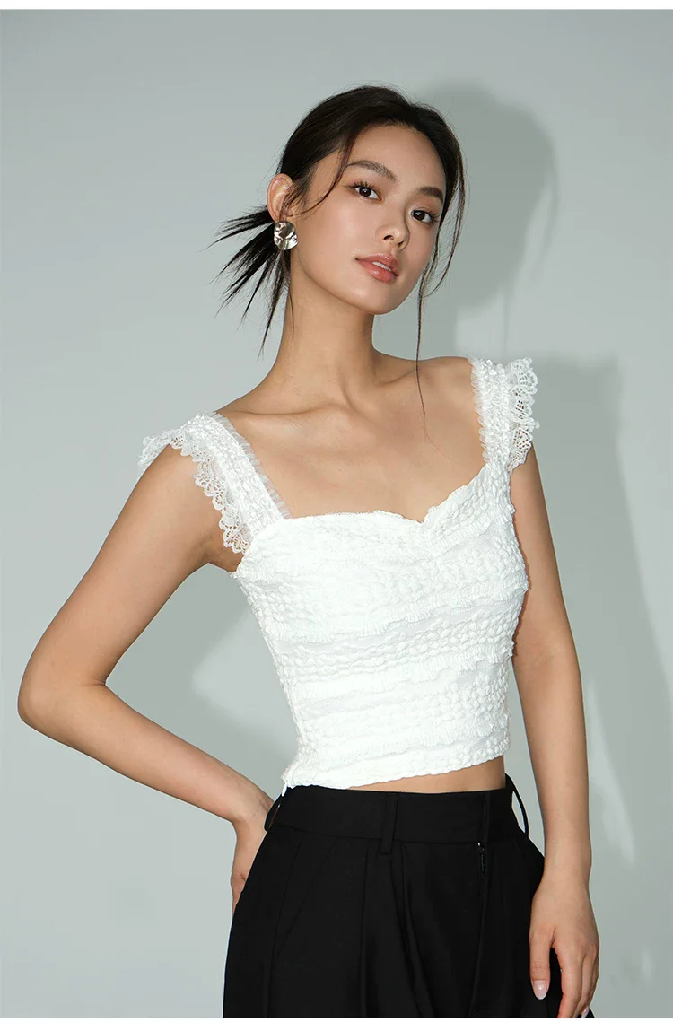Lace Trim Smocked Cropped Camisole Top - Image 8