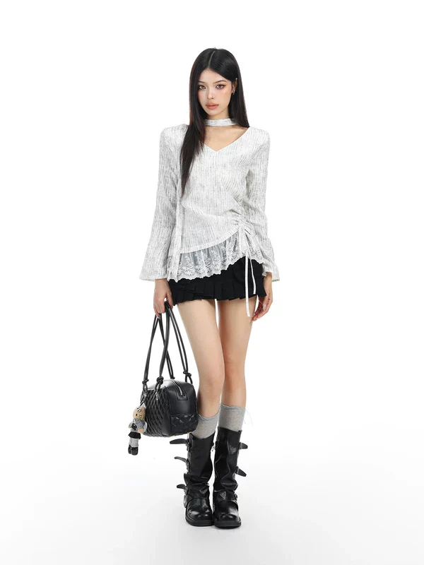Lace Trim V-Neck Drawstring Top - Image 4