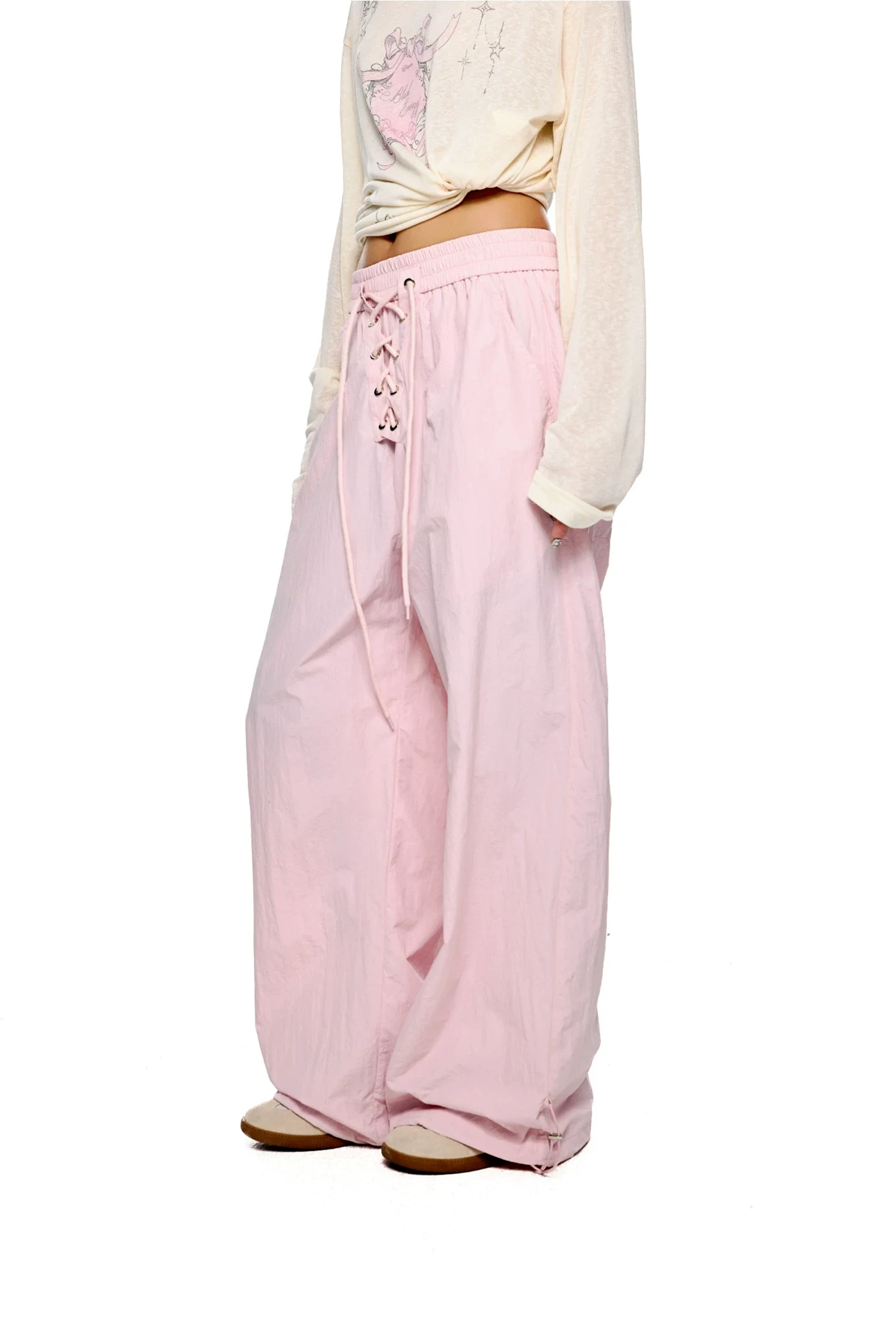Lace-Up Low-Waist Wide-Leg Pants - Image 4