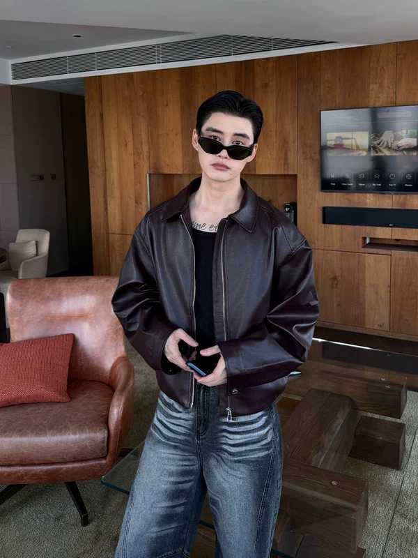Lapel PU Leather Bomber Jacket - Image 2