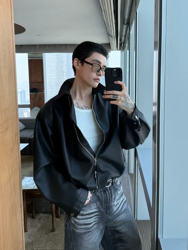 Lapel PU Leather Bomber Jacket - Image 3