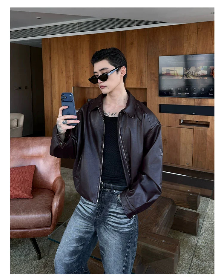Lapel PU Leather Bomber Jacket - Image 6