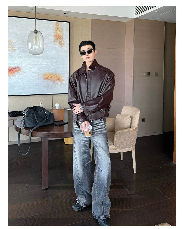 Lapel PU Leather Bomber Jacket - Image 7