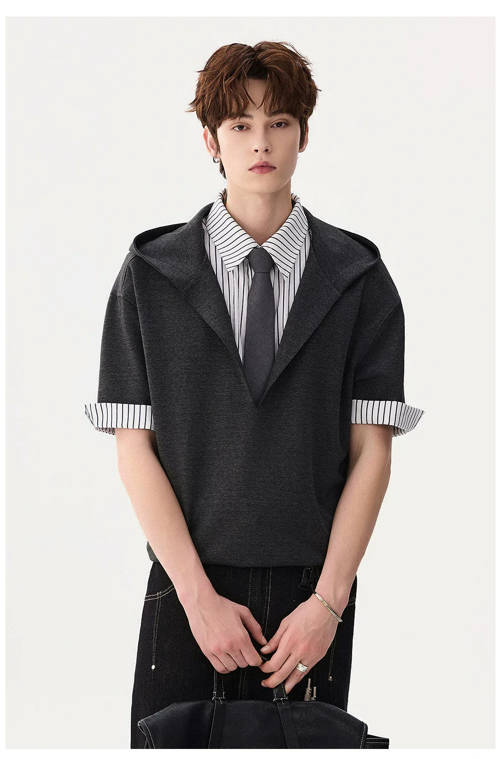 Layered Hooded Short Sleeve Shirt-Tee - Image 7