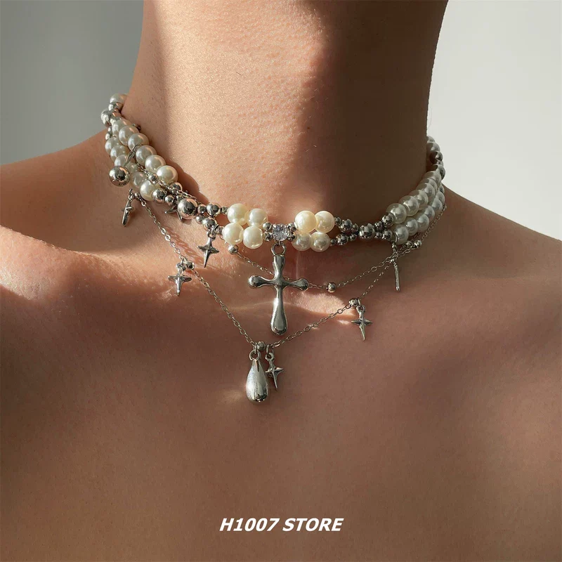 Pearl Cross Teardrop Pendant Necklace - Image 2