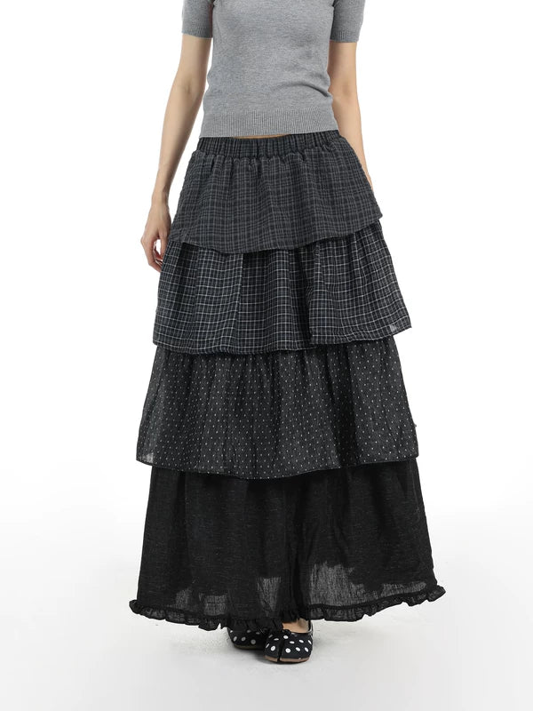 Layered Plaid Patchwork A-Line Long Skirt - Image 2