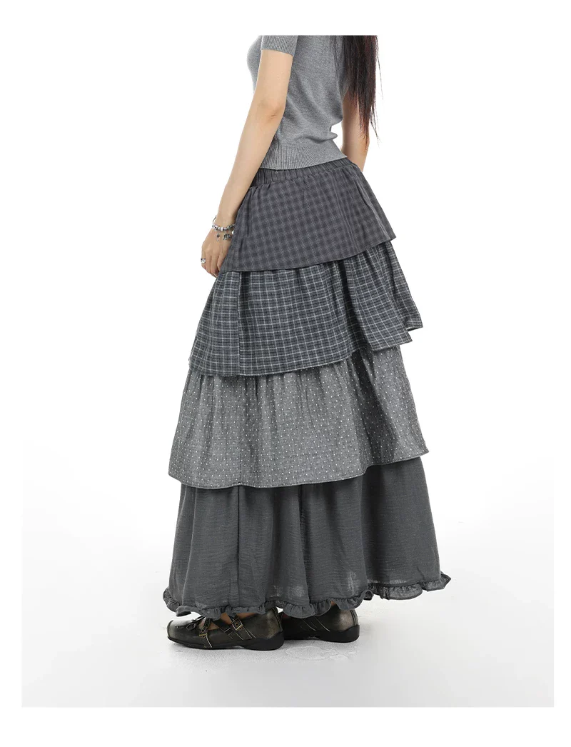 Layered Plaid Patchwork A-Line Long Skirt - Image 5