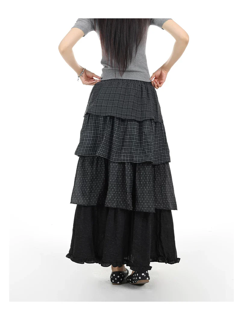 Layered Plaid Patchwork A-Line Long Skirt - Image 7