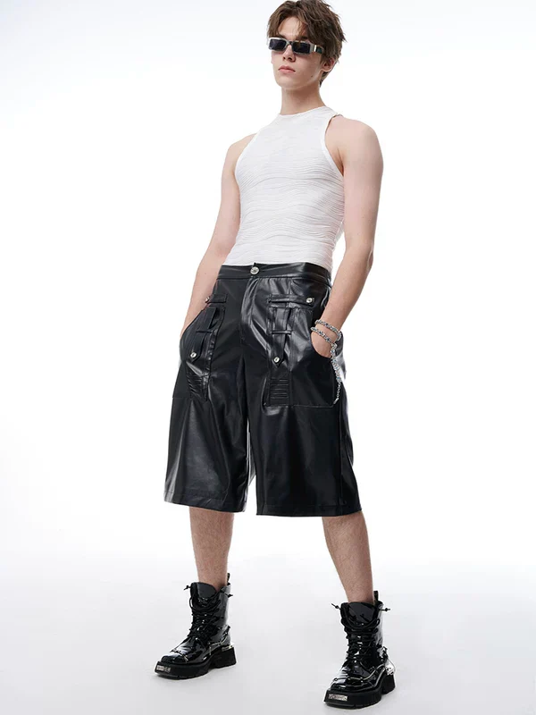 Deconstructed Pockets Leather Cargo Shorts