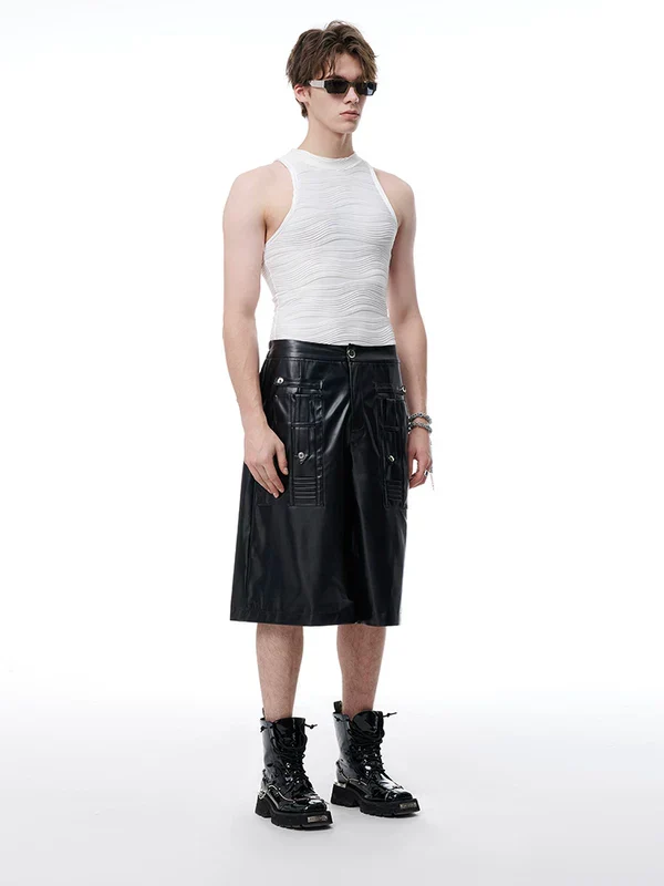 Deconstructed Pockets Leather Cargo Shorts - Image 2